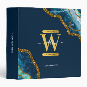 Blue & Gold Agate Geode Glitter Monogram Binder