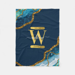 Blue & Gold Agate Geode Glitter Monogram Fleece Blanket