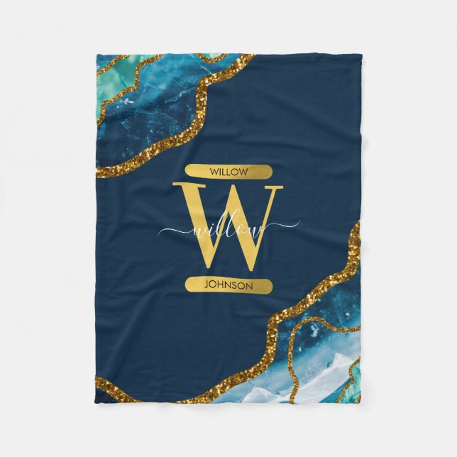 Blue & Gold Agate Geode Glitter Monogram Fleece Blanket (Front)