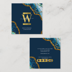 Blue & Gold Agate Geode Glitter Monogram Marble  Square Business Card