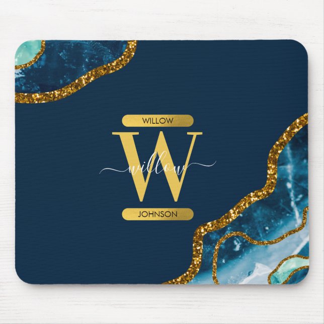 Blue & Gold Agate Geode Glitter Monogram Mouse Pad (Front)