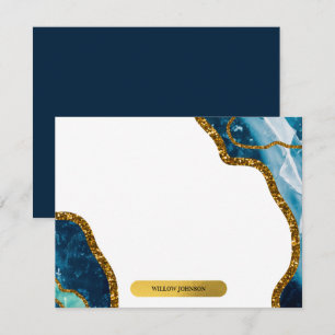 Blue & Gold Agate Geode Glitter Monogram Note Card