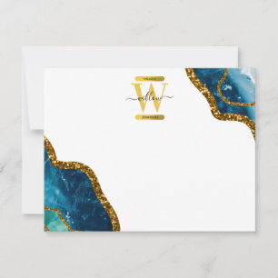Blue & Gold Agate Geode Glitter Monogram Note Card