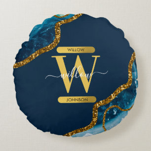 Blue & Gold Agate Geode Glitter Monogram Round Pillow