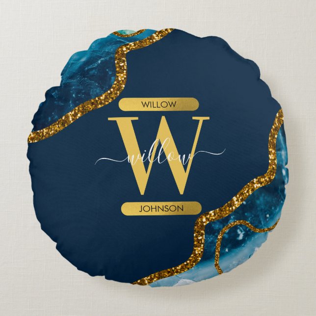 Blue & Gold Agate Geode Glitter Monogram Round Pillow (Front)