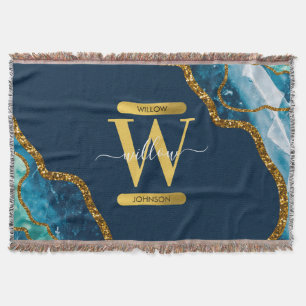 Blue & Gold Agate Geode Glitter Monogram Throw Blanket