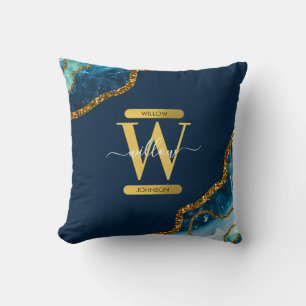 Blue & Gold Agate Geode Glitter Monogram Throw Pillow