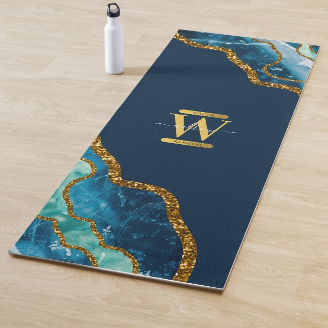 Blue & Gold Agate Geode Glitter Monogram Yoga Mat (In Situ)