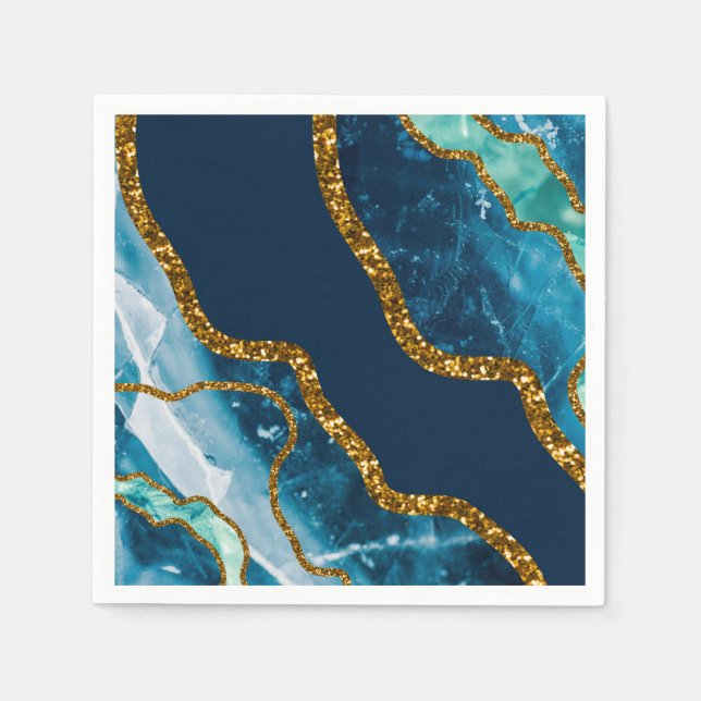 Blue & Gold Agate Geode Glitter Napkin (Front)