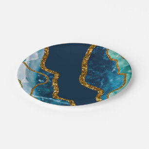 Blue & Gold Agate Geode Glitter Paper Plate