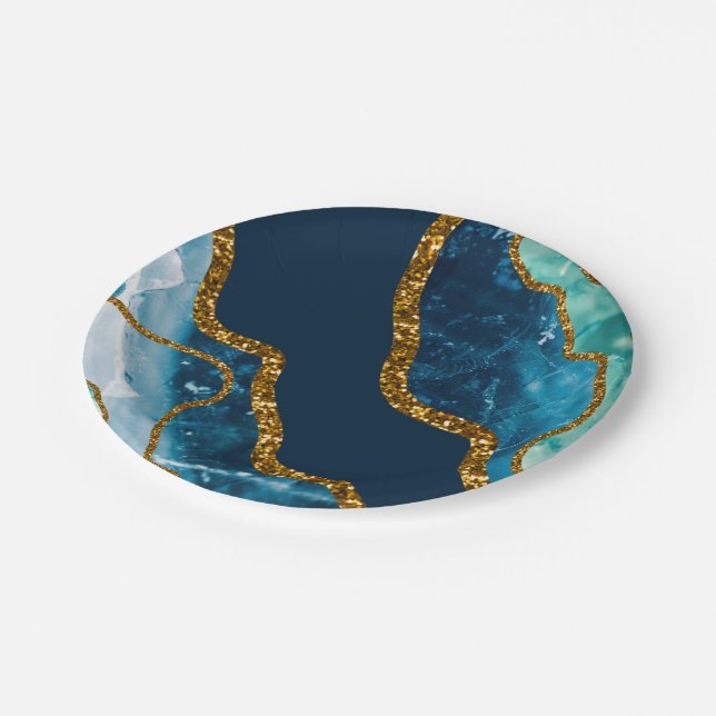 Blue & Gold Agate Geode Glitter Paper Plate (Angled)