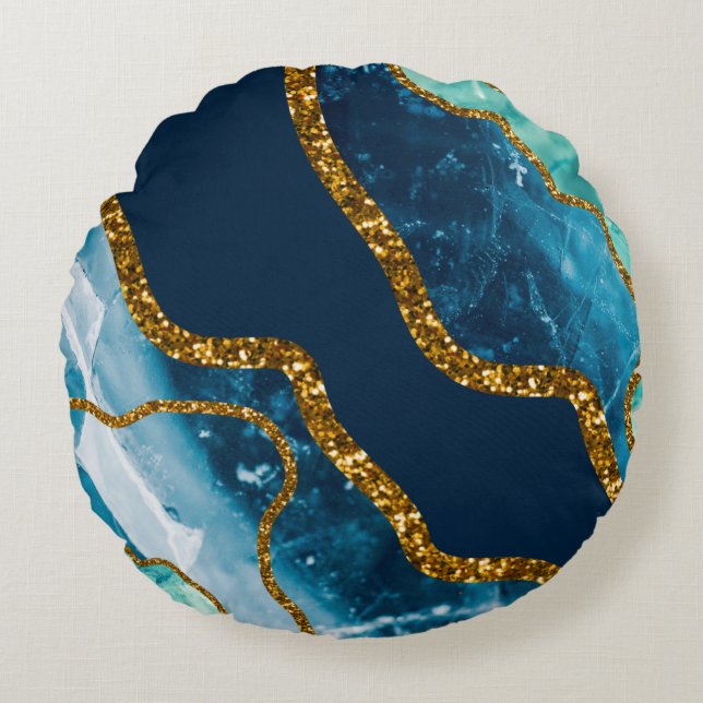 Blue & Gold Agate Geode Glitter Round Pillow (Front)