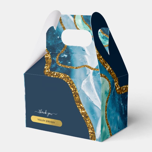 Blue & Gold Agate Geode Glitter Thank You Favor Box (Front Side)