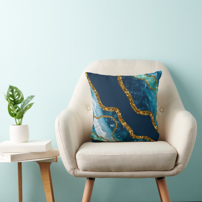 Blue & Gold Agate Geode Glitter Throw Pillow (Chair)