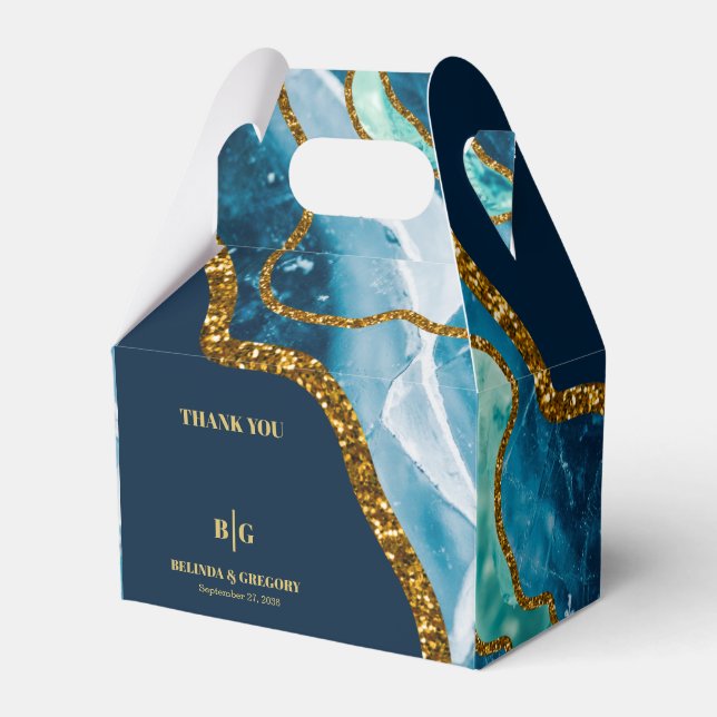 Blue & Gold Agate Geode Glitter Wedding Favor Box (Front Side)