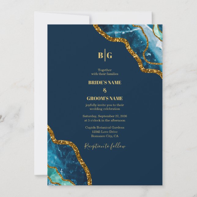 Blue & Gold Agate Geode Glitter Wedding Invitation (Front)