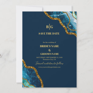 Blue & Gold Agate Geode Glitter Wedding Save The Date