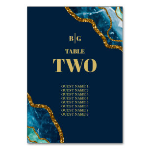 Blue & Gold Agate Geode Glitter Wedding Table Number