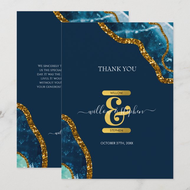 Blue & Gold Agate Geode Glitter Wedding Thank You Card (Front/Back)