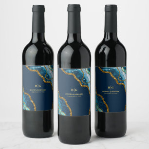 Blue & Gold Agate Geode Glitter Wedding  Wine Label
