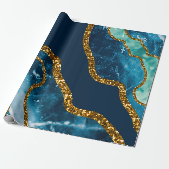 Blue & Gold Agate Geode Glitter  Wrapping Paper (Unrolled)