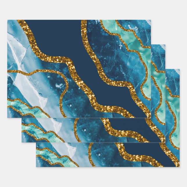 Blue & Gold Agate Geode Glitter Wrapping Paper Sheet (Set)