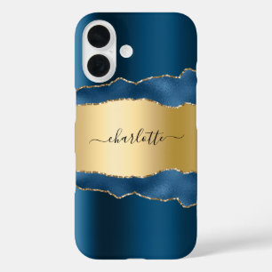 Blue gold agate marble name script iPhone 16 case
