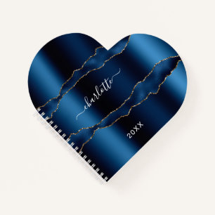 Blue gold agate marble name script girl notebook