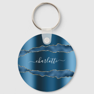 Blue gold agate marble name script keychain