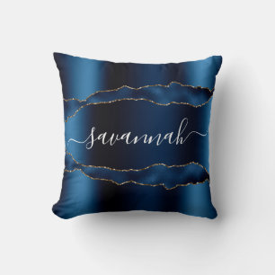 Blue gold agate marble name script throw pillow