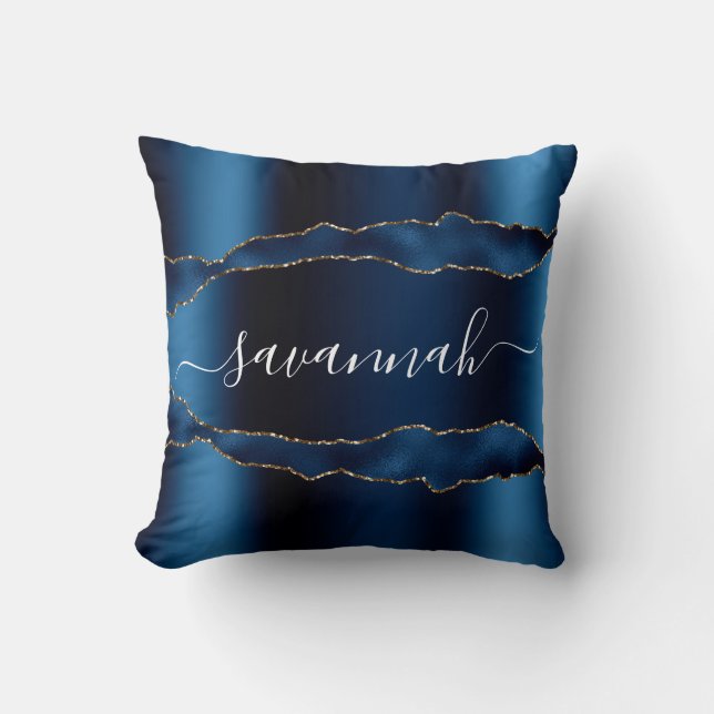 Blue gold agate marble name script throw pillow (Front)
