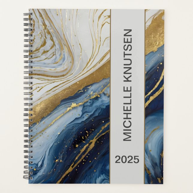 Blue Gold Agate Marble Personalized Planner 2025 (Front)