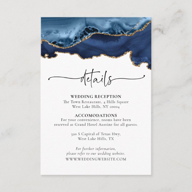 Blue Gold Agate Mariage Détails Carte de boîtier (Devant)