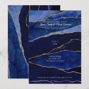 Blue & Gold Agate Modern Glam Minimal Wedding Invitation