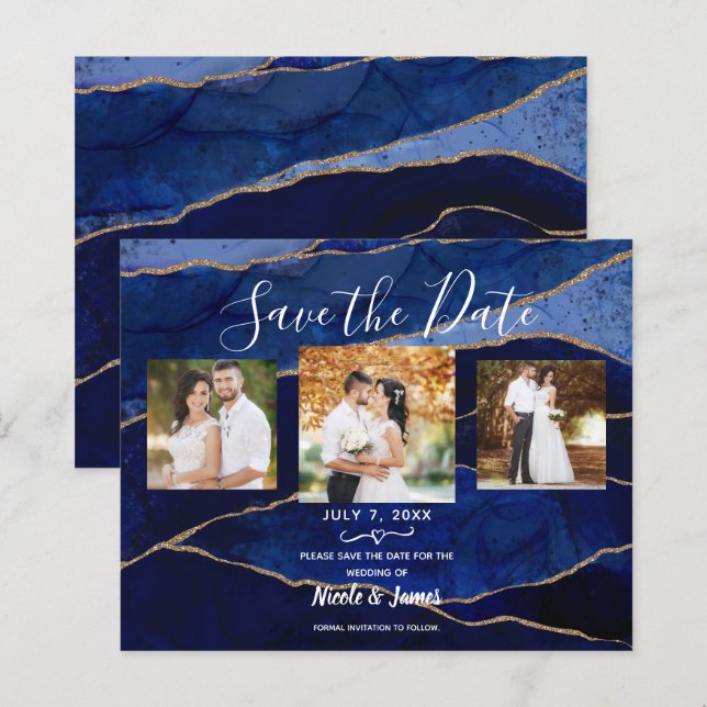 Blue & Gold Agate Modern Wedding Save the Date  (Front/Back)