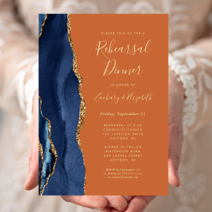 Blue Gold Agate Rust Wedding Rehearsal Dinner Invitation