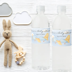 Blue Gold Airplane Clouds, Cute Boy Baby Shower  Water Bottle Label