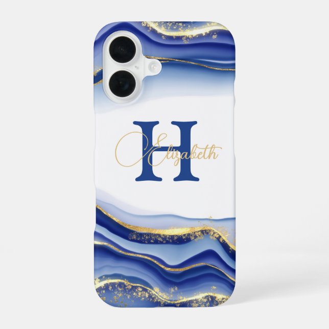 Blue Gold Alcohol Ink Monogram Name Initial  iPhone 16 Case (Back)