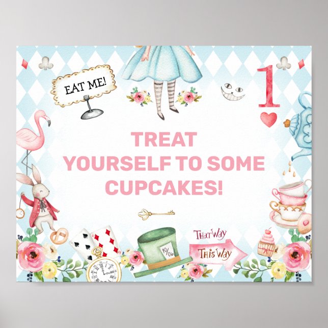 Blue Gold Alice One-derland 1st Birthday Sign (Front)