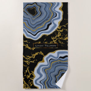 Blue, Gold and Black Agate Geode Stone Design Beach Towel