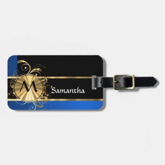 Blue gold and black monogram luggage tag