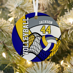 Blue, Gold and Grey Personalize Volleyball   Metal Ornament