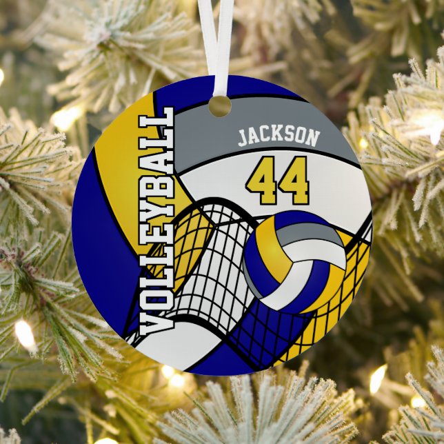 Blue, Gold and Grey Personalize Volleyball   Metal Ornament (Insitu)