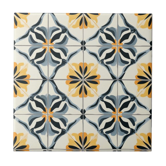 Blue Gold and Off White Pattern Ceramic Tile (Front)