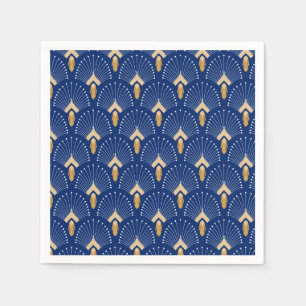 Blue, Gold and White Art Deco Fan Flowers Motif  Napkin