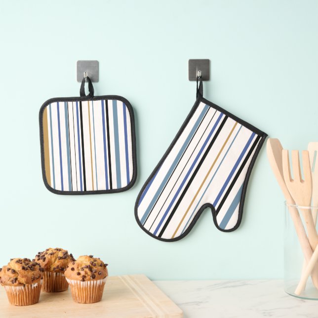 Blue Gold and White Beach Colour Stripes Oven Mitt & Pot Holder Set (Insitu(Hanging))