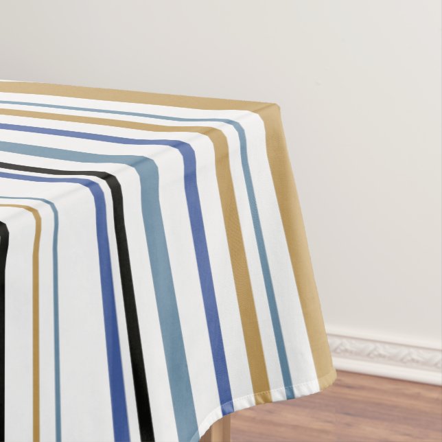 Blue Gold and White Beach Colour Stripes Tablecloth (In Situ)