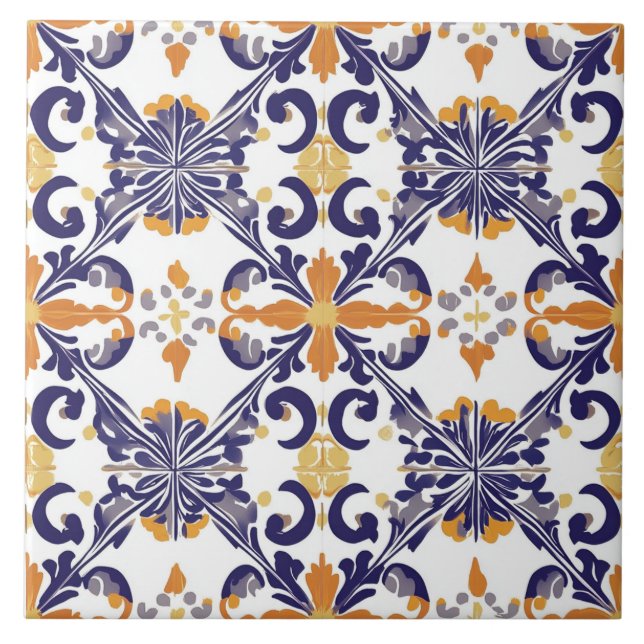 Blue, Gold and White Ceramic Tile (Front)