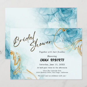 Blue Gold and White Elegant Watercolor Bridal Invitation