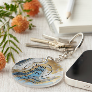 Blue gold and white marble keychain